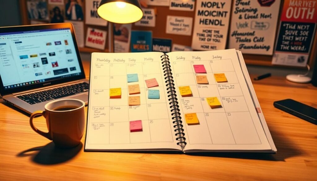 A detailed and organized desk scene featuring a large, open planner that displays a monthly calendar layout filled with colorful sticky notes and markers denoting various social media posts. In the foreground, a coffee cup sits next to the planner, and a sleek laptop is partially visible, showing a screen with social media analytics. In the middle ground, there's a soft, warm lamp casting a gentle glow, creating a cozy and productive atmosphere. The background features a bulletin board with inspirational quotes and images related to marketing. The lighting is warm and inviting, enhancing the feeling of preparation and creativity, captured from a top-down angle to emphasize the calendar and the workspace.