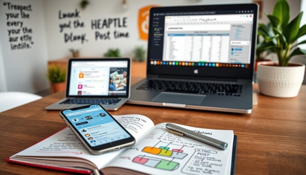 A detailed and visually engaging scene depicting a "Distribution Playbook" for social media strategy. In the foreground, an open notebook lays atop a wooden desk, filled with handwritten notes and colorful diagrams. A smartphone shows a social media feed, displaying trending hashtags and community posts. In the middle ground, a laptop screen reveals a spreadsheet with statistics on post timing and engagement metrics. The background features a bright and modern office environment, with motivational quotes on the walls and vibrant plants adding life to the space. Soft, diffused lighting creates a professional yet inviting atmosphere, suggesting a creative workspace. The angle is slightly overhead, giving a comprehensive view of the playbook materials while keeping the focus sharp and organized.