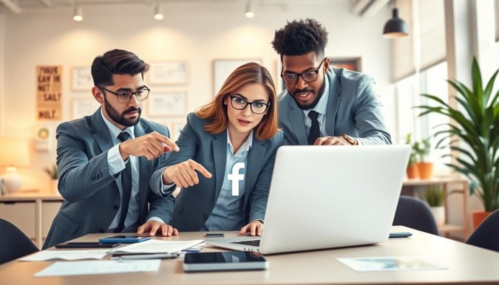 A detailed illustration of a "group exit guide" concept, featuring a diverse group of three professionals in modern business attire, intently gathered around a large laptop with a bright screen displaying the Facebook logo. In the foreground, the individuals are actively engaged, pointing at the screen, with expressions of determination and curiosity. The middle ground includes a tabletop filled with digital devices and papers, suggesting a collaborative effort. In the background, an office setting with soft, ambient lighting creates a warm atmosphere, showcasing motivational posters and plants. The composition should have a slight perspective angle, emphasizing the interaction on the laptop while maintaining a clear view of the professionals. A sense of teamwork and problem-solving fills the scene, capturing the essence of navigating challenges in technology.