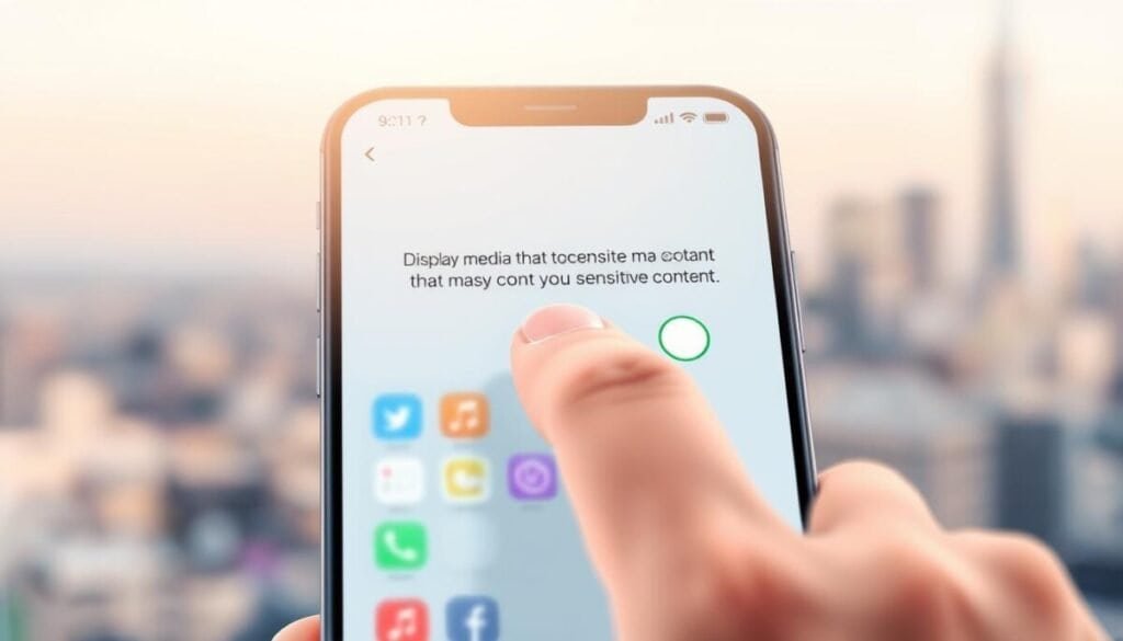 A digital illustration depicting a clean, modern smartphone screen with the interface of a social media app. In the foreground, a finger gently taps on a toggle switch labeled “Display media that may contain sensitive content,” shifting it to the off position. The middle background features a blurred array of colored app icons, suggesting a vibrant yet safe social media environment. The overall setting is bright and inviting, with soft, warm lighting that creates a sense of comfort and security. Gentle shadows add depth, while a blurred skyline is visible in the background, hinting at an urban, connected lifestyle. The mood is professional and reassuring, focusing on user control over content visibility. A digital illustration depicting a clean, modern smartphone screen with the interface of a social media app. In the foreground, a finger gently taps on a toggle switch labeled “Display media that may contain sensitive content,” shifting it to the off position. The middle background features a blurred array of colored app icons, suggesting a vibrant yet safe social media environment. The overall setting is bright and inviting, with soft, warm lighting that creates a sense of comfort and security. Gentle shadows add depth, while a blurred skyline is visible in the background, hinting at an urban, connected lifestyle. The mood is professional and reassuring, focusing on user control over content visibility.