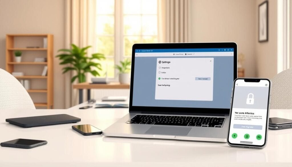A digital illustration depicting a secure device browsing environment. In the foreground, a stylish laptop with a clear display shows a security settings menu, accompanied by a smartphone displaying two-factor authentication options. The middle layer features a modern desk with a sleek wireless router, scattered tech gadgets, and a potted plant to add a touch of life. In the background, a softly lit room with neutral tones conveys a professional atmosphere, with a large window allowing natural light to filter in. The lighting is bright yet warm, enhancing a sense of safety and preparedness. Capture the mood of focus and security while ensuring all items are presented in a clean and organized manner, embodying a sense of readiness for secure browsing.