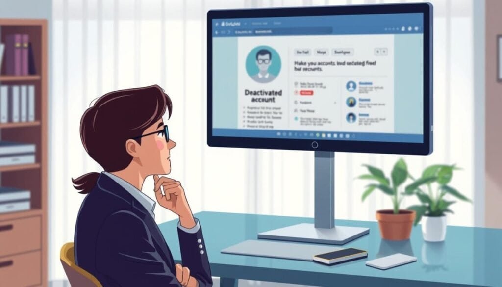 A digital illustration depicting a serene workspace, focused on a computer screen displaying a profile page with a partially visible username. In the foreground, a professional-looking individual in business attire, thoughtfully gazing at the screen, with a slightly furrowed brow suggesting contemplation about deactivated accounts. In the middle, an elegant desk with a clutter-free setup, including a smartphone and notebook, creating a sense of organization. The background features a softly lit room with calming colors, perhaps with a potted plant and a window allowing gentle sunlight to filter in. The atmosphere conveys a mix of curiosity and resolution, capturing a moment of reflection on digital identity in a modern context.