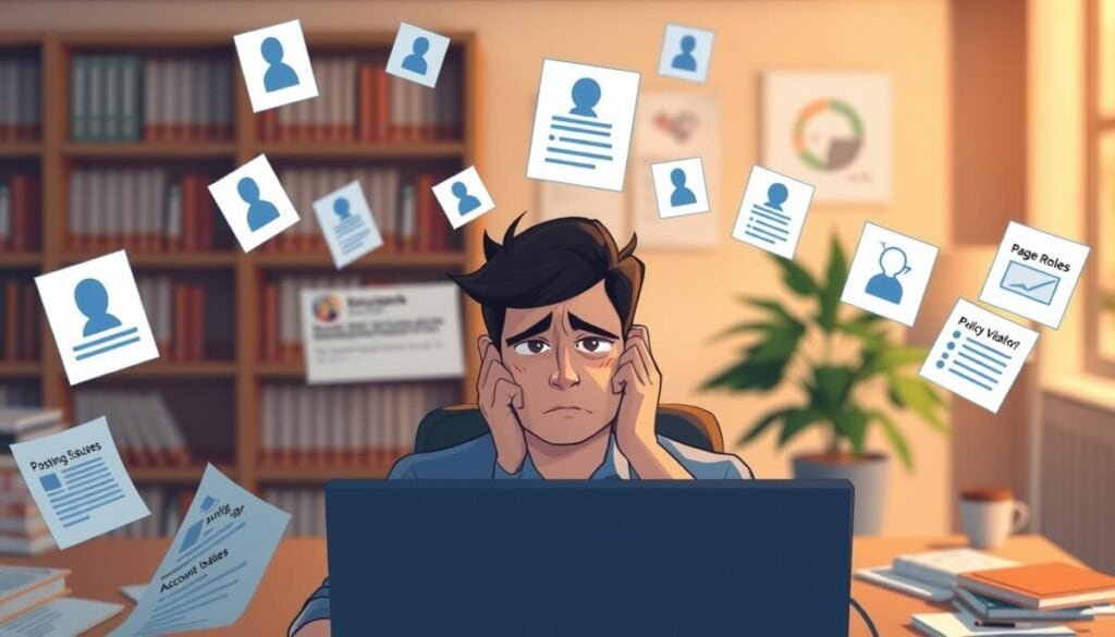 A digital illustration featuring a frustrated user at a computer, with a focused expression, surrounded by floating icons representing Facebook policies and roles. In the foreground, a close-up of the computer screen displays a warning message about posting issues. The middle ground depicts scattered documents and notes labeled with terms like "Page Roles," "Account Verification," and "Policy Violations." In the background, a blurred office setting with shelves of books and a plant conveys a professional atmosphere. Soft, warm lighting creates a sense of urgency and frustration, while a shallow depth of field emphasizes the user’s emotional struggle. The image should evoke feelings of confusion and determination.