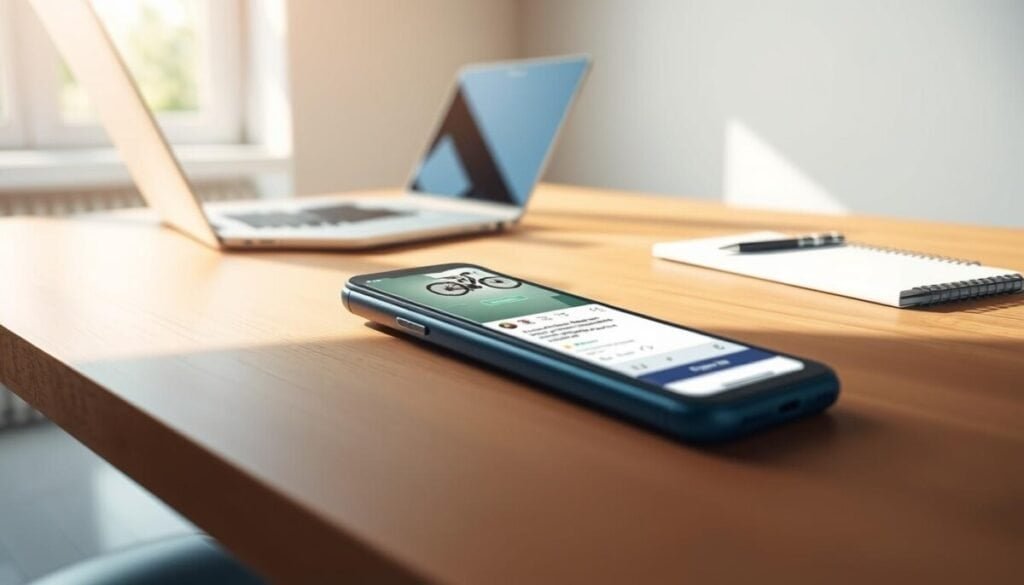 A digital illustration of a Facebook Marketplace listing displayed on a modern smartphone lying on a sleek wooden desk. The foreground features the smartphone prominently, showcasing a clear view of a vibrant product image—a stylish bike for sale. The middle ground includes subtle elements like a laptop and a notepad to indicate a work environment, enhancing the context of troubleshooting. The background features a softly blurred wall with neutral colors, creating a calm atmosphere. Bright, natural light pours in from a nearby window, highlighting the smartphone's screen and casting gentle shadows. The overall mood is focused and professional, reflecting an individual’s dedication to resolving marketplace issues. The scene is devoid of any text, ensuring a clean and clear image to support the article section. A digital illustration of a Facebook Marketplace listing displayed on a modern smartphone lying on a sleek wooden desk. The foreground features the smartphone prominently, showcasing a clear view of a vibrant product image—a stylish bike for sale. The middle ground includes subtle elements like a laptop and a notepad to indicate a work environment, enhancing the context of troubleshooting. The background features a softly blurred wall with neutral colors, creating a calm atmosphere. Bright, natural light pours in from a nearby window, highlighting the smartphone's screen and casting gentle shadows. The overall mood is focused and professional, reflecting an individual’s dedication to resolving marketplace issues. The scene is devoid of any text, ensuring a clean and clear image to support the article section.