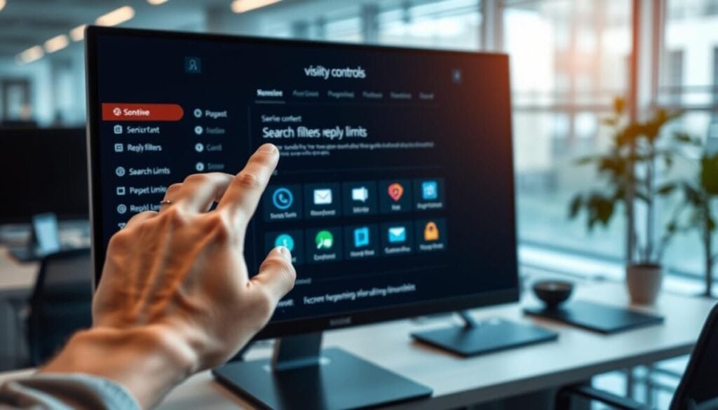 A digital interfacial representation of "visibility controls" showcased on a sleek, modern computer screen within a professional workspace. In the foreground, add elements like a hand hovering over a touch-sensitive display, poised to interact with various digital controls and options. In the middle ground, highlight graphical icons symbolizing sensitive content, search filters, and reply limits, designed with vibrant colors against a dark mode interface for contrast. The background features a blurred office setting, with soft ambient lighting illuminating the workspace, creating a focused yet modern atmosphere. Use a shallow depth of field to emphasize the screen while maintaining a clean, professional aesthetic, evoking a sense of exploration and digital empowerment in navigating online visibility settings.