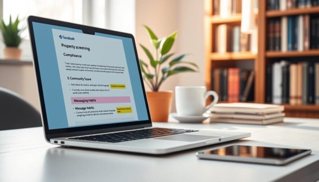 A digital workspace featuring a property screening email open on a sleek laptop placed atop a well-organized desk. In the foreground, the laptop screen displays an email with a professional layout, showcasing sections addressing compliance, community score, and messaging habits, with highlighted areas for emphasis. The middle layer includes a potted plant and a coffee cup, suggesting a productive atmosphere. In the background, a soft-focus bookshelf filled with business books adds depth. The scene is illuminated by natural daylight streaming through a nearby window, creating a warm and inviting environment. Capture the essence of professionalism and focus, portraying an inviting yet serious tone that reflects the importance of understanding Facebook's marketplace guidelines. A digital workspace featuring a property screening email open on a sleek laptop placed atop a well-organized desk. In the foreground, the laptop screen displays an email with a professional layout, showcasing sections addressing compliance, community score, and messaging habits, with highlighted areas for emphasis. The middle layer includes a potted plant and a coffee cup, suggesting a productive atmosphere. In the background, a soft-focus bookshelf filled with business books adds depth. The scene is illuminated by natural daylight streaming through a nearby window, creating a warm and inviting environment. Capture the essence of professionalism and focus, portraying an inviting yet serious tone that reflects the importance of understanding Facebook's marketplace guidelines.