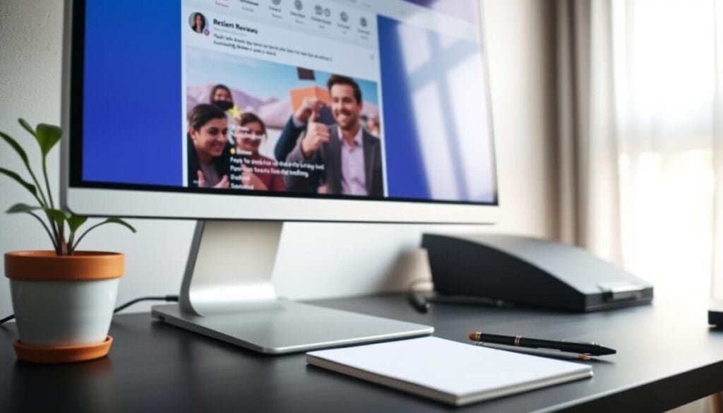 A digital workspace featuring a sleek, modern computer screen displaying a vibrant reviews section from a social media platform. In the foreground, focus on the screen's detailed layout: user reviews with star ratings, profile pictures of reviewers, and colorful thumbs-up icons. The middle ground shows a potted plant and a notepad with a pen, suggesting a cozy yet professional atmosphere. In the background, soft natural light filters through a window, illuminating the space and creating a warm vibe. The angle is slightly from above, giving a comprehensive view of the screen while maintaining a clean and organized desk. The overall mood is productive and informative, capturing the essence of verifying and managing online reviews.