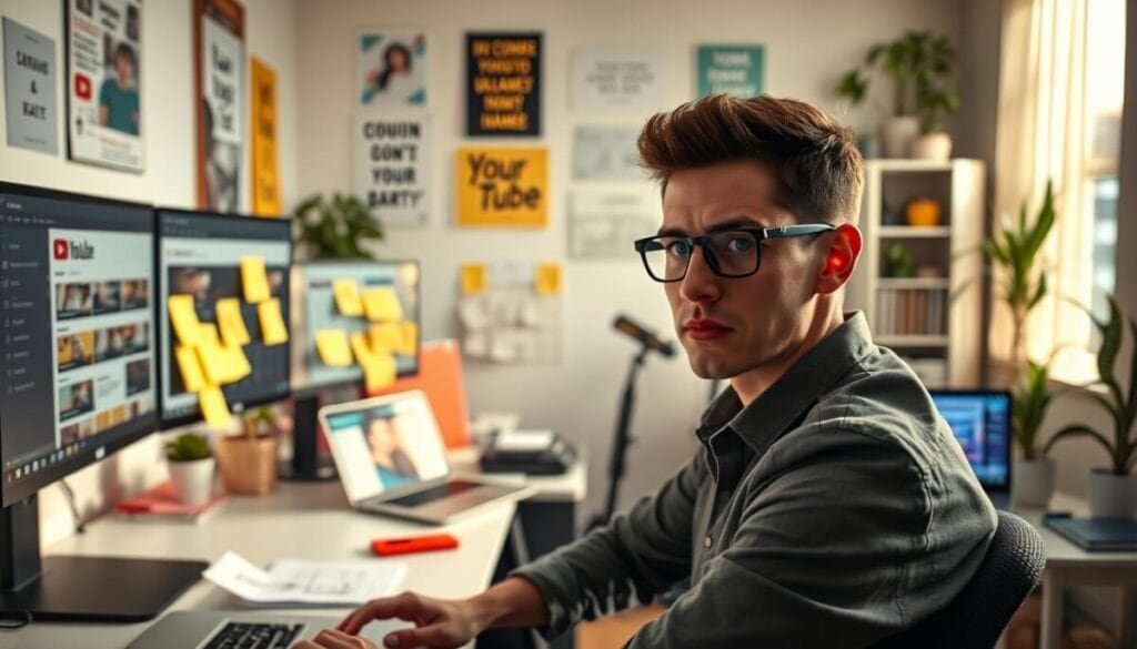 A digital workspace filled with vibrant colors, depicting a person troubleshooting YouTube scheduling issues. In the foreground, a focused individual wearing smart casual clothing, sitting at a sleek desk, surrounded by multiple monitors displaying the YouTube interface with scheduling features. The middle layer features sticky notes with common scheduling mistakes, a calendar marking upload dates, and a laptop with a video editing software open. The background includes a well-lit room with motivational posters on the wall, plants, and an organized bookshelf. Soft, natural lighting filtering through a window creates an inviting mood, emphasizing productivity and concentration. The camera angle is a dynamic close-up, highlighting detailed expressions of focus and intent on the individual's face, capturing the essence of problem-solving in content creation.