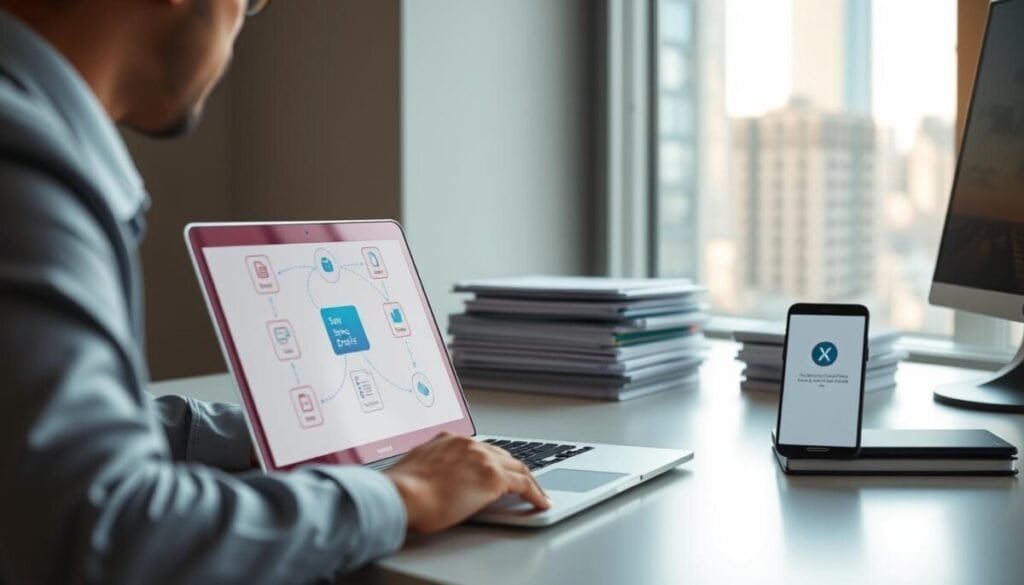 A digital workspace scene depicting a person in professional attire, seated at a sleek, modern desk while using a laptop. In the foreground, focus on the laptop screen showcasing vibrant graphics of sync drafts, including visual elements like arrows connecting different documents and checkmarks indicating successful synchronization. In the middle background, arrange neatly-stacked files and a smartphone, also showcasing the "X" platform notification. Soft, ambient lighting creates a comfortable atmosphere, highlighting the technology in use, while a blurred window reveals a bright cityscape, conveying productivity. The overall mood is focused and efficient, emphasizing clarity and organization in the syncing process.