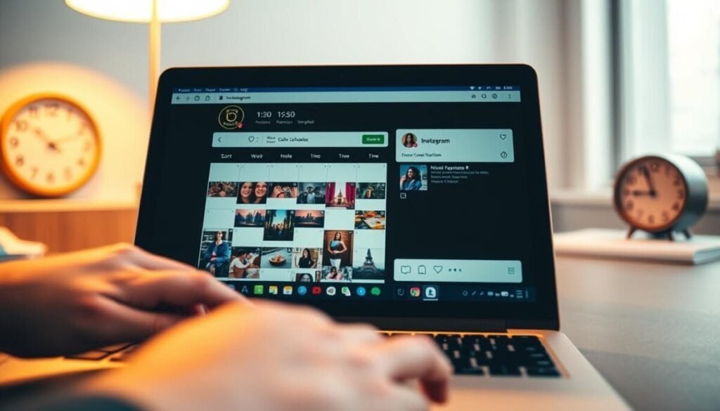 A digital workspace scene focusing on a laptop screen displaying the Instagram scheduling interface. In the foreground, a hand is poised over the keyboard, suggesting action. The middle ground features a calendar application open alongside the Instagram interface, with colorful post images and scheduled times visible. In the background, a softly focused wall clock indicates the passage of time, creating a sense of urgency. The lighting is bright and modern, with warm tones to evoke a professional yet inviting atmosphere. The angle showcases the laptop from a slight side view, capturing the user's engagement with the task. The overall mood is focused and productive, ideal for troubleshooting common scheduling issues on Instagram.