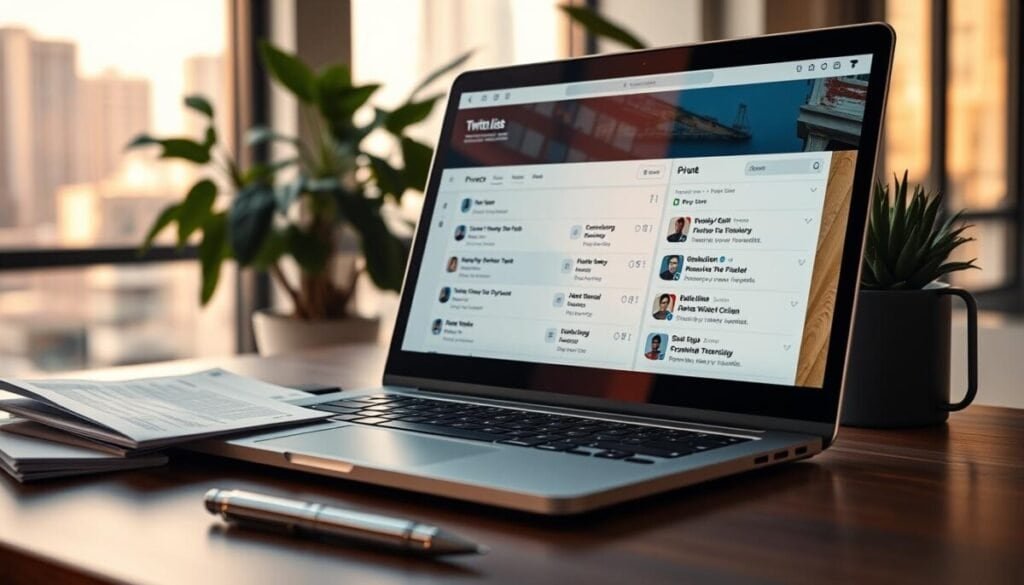 A digital workspace scene illustrating private Twitter lists. In the foreground, a sleek laptop displays an open screen with a vibrant Twitter interface, showcasing colorful profile icons and a clean, organized grid of private lists. Papers and a stylish pen are scattered nearby, suggesting productivity and privacy in the online realm. The middle layer features a modern office environment with a large plant and soft lighting, creating a calm atmosphere. In the background, a window reveals a blurred cityscape, hinting at the outside world. The overall mood is professional yet inviting, emphasizing the discreet nature of private interactions on social media. Use warm, natural light to enhance the comforting environment, captured from a slightly elevated angle for depth.