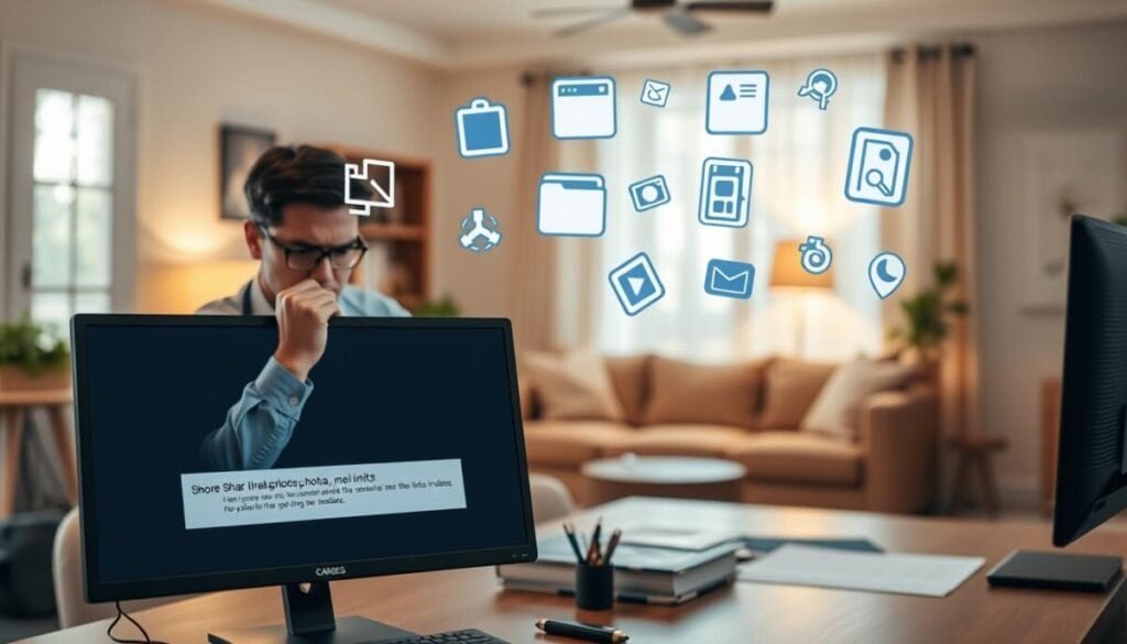 A digital workspace scene illustrating the challenges of sharing links, photos, and videos over messaging platforms. In the foreground, a computer screen displays an error notification related to file size limits, with a frustrated user in professional attire thoughtfully reviewing their settings. In the middle ground, intricate icons representing various file types—images, videos, and links—are floating above the desk, some appearing grayed out to signify sharing issues. The background features a softly blurred living room with warm, natural lighting streaming in, creating a cozy but slightly tense atmosphere. The entire composition conveys a sense of urgency and frustration, highlighting the complexities of digital sharing.