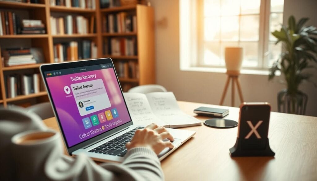 A digital workspace scene showcasing a person in modest casual clothing sitting at a desk, intent on recovering their Twitter username. In the foreground, a laptop screen displays an intuitive user interface for username recovery, with vibrant icons and a user-friendly layout. The middle layer features a cup of coffee and a notepad filled with brainstorming ideas, while a smartphone with The X app is placed nearby, indicating multiple access points. The background reveals bookshelves filled with technology references and a large window letting in soft, natural light, creating a warm and inviting atmosphere. Utilize a shallow depth of field to keep the focus on the user’s hands typing and expressions of concentration. Overall, the image conveys a sense of determination and resourcefulness amidst a calm environment.