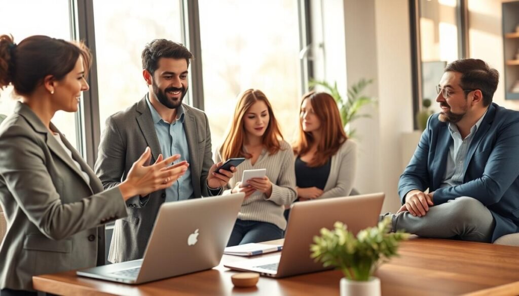 A diverse group of four people engaged in a discussion, representing different sources of social media content, such as Pages, Groups, and Friends. In the foreground, a woman in a smart blazer gestures animatedly, with a laptop open beside her. Beside her, a man in a casual yet professional outfit nods thoughtfully, holding a smartphone. In the middle ground, a woman in comfortable attire takes notes, while a man in business casual leans against a table, offering insights. The background features a cozy, modern office space with large windows allowing soft, natural sunlight to filter in, casting warm reflections. The atmosphere is collaborative and engaged, reflecting the dynamic nature of sharing ideas on social media. The focus is on the interplay of conversation and technology, without any text or overlay.
