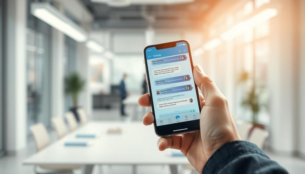 A dynamic illustration of a modern messenger app interface displayed on a smartphone. The foreground features a sleek, stylized smartphone held in a professional hand, showing a chat screen with a user-friendly layout featuring various chat bubbles. In the middle ground, a soft-focus view reveals snippets of various conversations with an emphasis on the sender's profile images, maintaining anonymity. The background depicts a subtle, blurred office environment emphasizing productivity and communication, bathed in soft, natural lighting that creates a warm, inviting atmosphere. The lens captures the angle slightly above the phone, where the screen gleams under gentle highlights, conveying a sense of innovation and connectivity. The overall mood is professional yet approachable, embodying the essence of instant messaging and user interaction without any distracting elements.