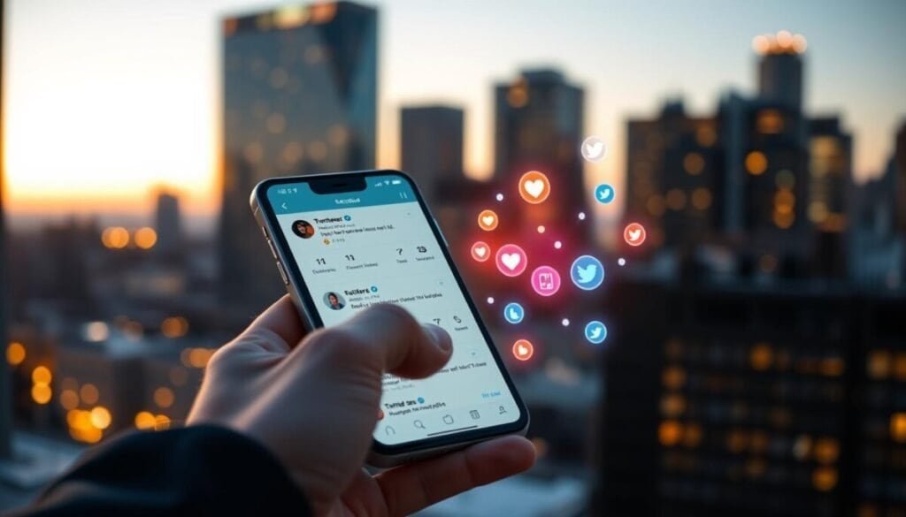 A dynamic representation of a smartphone displaying a Twitter interface, highlighting scheduled tweets with a digital clock showing different time zones. In the foreground, a hand in a business suit interacts with the screen, showcasing a user-friendly layout. In the middle ground, a visual emphasis on vivid icons representing engagement metrics like hearts and retweets, surrounded by abstract digital elements symbolizing connectivity. The background features a lightly blurred cityscape at dusk, with warm ambient lighting emanating from nearby buildings, casting a professional and optimistic atmosphere. The overall mood is focused and innovative, emphasizing the ease of scheduling tweets and the impact of timing on social media engagement.