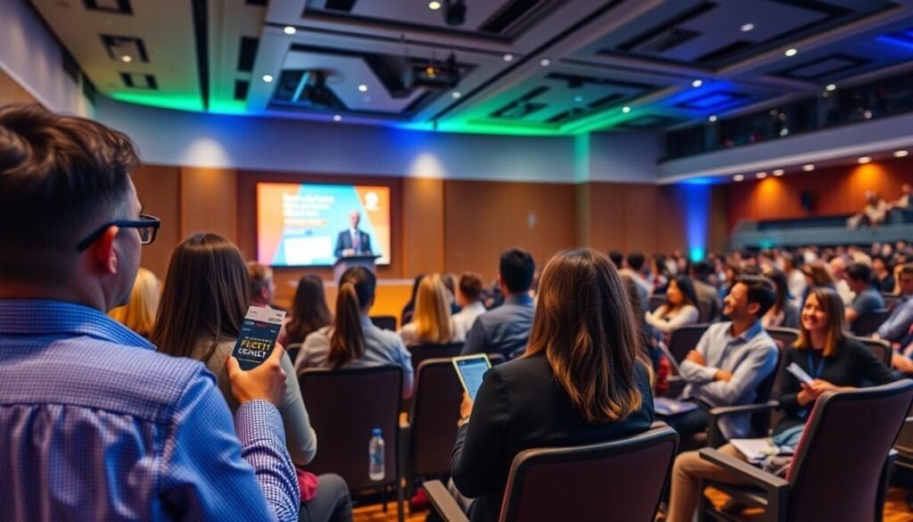 A dynamic scene showcasing a ticketed live event or workshop taking place in a well-lit, modern auditorium. In the foreground, a diverse group of participants is engaging attentively with a speaker, who is dressed in professional business attire, standing at a podium. The audience is holding tickets or digital devices, reflecting excitement and anticipation. In the middle ground, rows of attendees seated in comfortable chairs are taking notes, while a large screen behind the speaker displays vibrant graphics related to the event topic. The background features energetic ambiance lighting in shades of blue and green, enhancing the atmosphere, and a subtle hint of an audience that suggests a larger event. Capture this moment from a slightly elevated angle to create depth and a sense of involvement, while ensuring the image radiates positivity and inspiration.