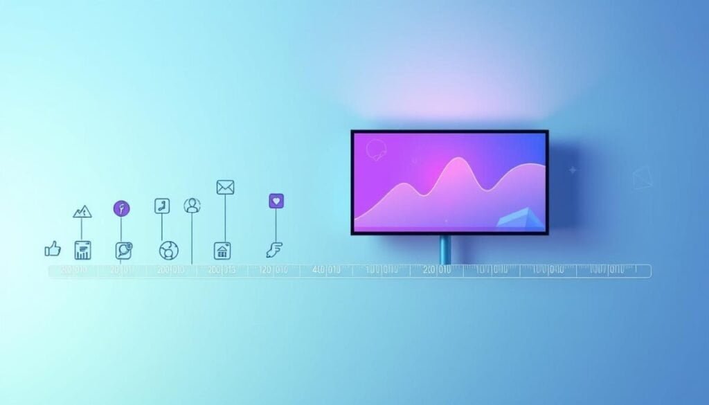 A dynamic timeline illustrating the evolution of content on a digital platform, depicted from left to right. The foreground features a series of icons representing various social media milestones, including engagement metrics and algorithm changes, designed in a flat, modern style. In the middle, a sleek digital screen displays a vibrant, flowing graph showing engagement spikes and dips. The background is a soft gradient of blues and greens, symbolizing the digital landscape, with abstract geometric shapes representing data flow. Soft, ambient lighting casts a professional glow, enhancing clarity and focus on the timeline. The atmosphere is energetic yet sophisticated, suggesting innovation and progress, engaging viewers in the journey of content evolution. A dynamic timeline illustrating the evolution of content on a digital platform, depicted from left to right. The foreground features a series of icons representing various social media milestones, including engagement metrics and algorithm changes, designed in a flat, modern style. In the middle, a sleek digital screen displays a vibrant, flowing graph showing engagement spikes and dips. The background is a soft gradient of blues and greens, symbolizing the digital landscape, with abstract geometric shapes representing data flow. Soft, ambient lighting casts a professional glow, enhancing clarity and focus on the timeline. The atmosphere is energetic yet sophisticated, suggesting innovation and progress, engaging viewers in the journey of content evolution.