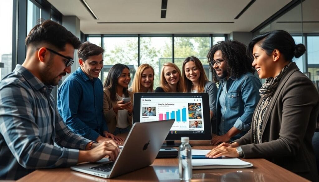 A dynamic workspace scene featuring a diverse group of professionals engaged in collaborative media creation. In the foreground, a focused individual types on a laptop, surrounded by colorful images, GIFs, and video thumbnails displayed on screens. In the middle, a large digital tablet showcases an interactive poll graphic while colleagues discuss it enthusiastically. The background features a sleek modern office with large windows allowing natural light to flood the space, casting soft shadows. The mood is vibrant and energetic, highlighting creativity and collaboration. Use a wide-angle lens for an immersive perspective, enhancing the sense of teamwork and innovation in media engagement. The professionals wear smart casual clothing, ensuring a professional yet approachable atmosphere.