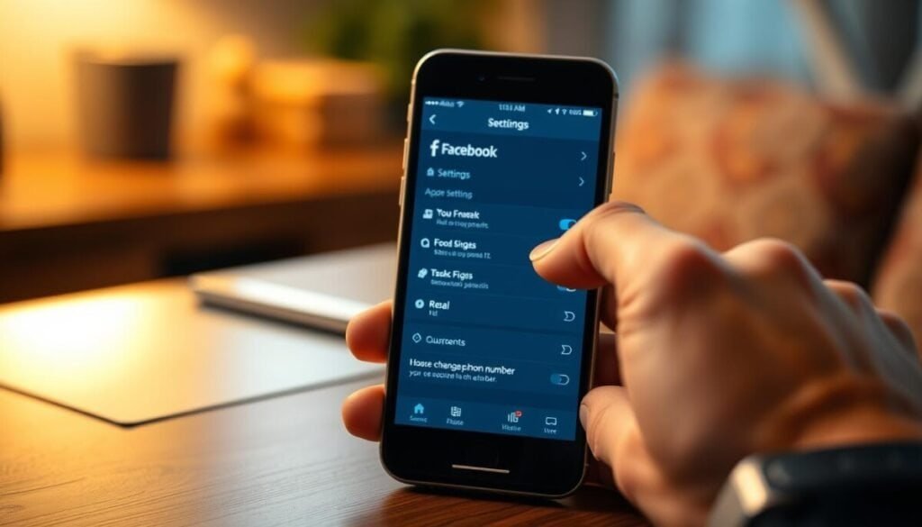 A focused close-up of a smartphone screen displaying the Facebook app interface, showcasing the settings menu where users can change their phone number. The background is softly blurred, hinting at a cozy indoor environment with warm lighting, suggesting a sense of frustration and urgency. In the foreground, a hand wearing a professional wristwatch interacts with the phone, with elegantly manicured fingers tapping on the screen. The atmosphere is reflective and slightly tense, evoking the challenge of navigating social media settings. Use a shallow depth of field to emphasize the smartphone and hand while softly blurring the background details. Aim for a realistic and modern appearance, suitable for a technology article illustration.