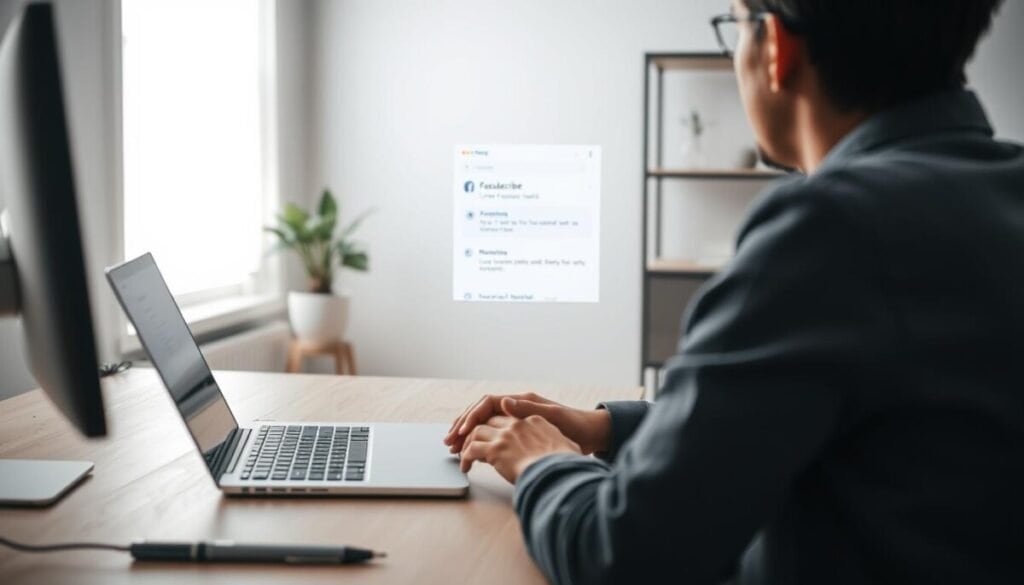 A focused scene depicting a person seated at a modern desk, looking intently at a laptop screen, which displays a clear interface for managing email subscriptions. In the foreground, the individual's hands are poised over the keyboard, ready to take action. The middle ground showcases the laptop screen with an open email program featuring a highlighted option to unsubscribe from Facebook emails. The background contains minimalist office decor with a potted plant and a bookshelf, creating an organized yet comfortable atmosphere. Soft, natural lighting from a nearby window casts a gentle glow on the workspace, enhancing the mood of concentration and clarity. The scene is free of any distractions, allowing the viewer to focus on the importance of managing digital communications.