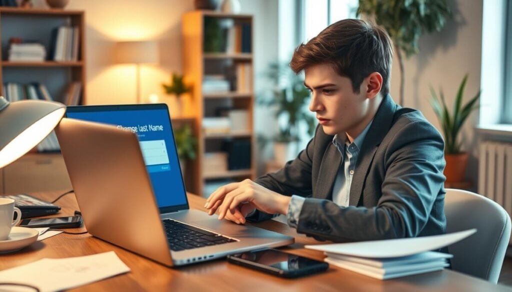 A focused scene depicting a person sitting at a desk, looking intently at a laptop screen that displays the Facebook login page, with visible elements suggesting they're trying to change their last name. The individual, a young adult in smart casual clothing, exhibits a mix of determination and frustration. Surrounding them on the desk are papers and a smartphone, perhaps showing a social media app. The lighting is warm and inviting, with a soft focus on the background, which features a cozy, well-organized room with plants and bookshelves. The scene embodies a sense of urgency and determination, capturing the moment of 'immediate checks' as they navigate the complexities of social media identity. A focused scene depicting a person sitting at a desk, looking intently at a laptop screen that displays the Facebook login page, with visible elements suggesting they're trying to change their last name. The individual, a young adult in smart casual clothing, exhibits a mix of determination and frustration. Surrounding them on the desk are papers and a smartphone, perhaps showing a social media app. The lighting is warm and inviting, with a soft focus on the background, which features a cozy, well-organized room with plants and bookshelves. The scene embodies a sense of urgency and determination, capturing the moment of 'immediate checks' as they navigate the complexities of social media identity.