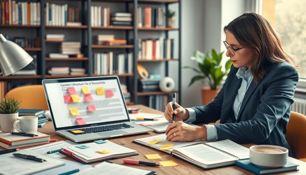 A focused workspace featuring a stylish, modern desk cluttered with notebooks, a laptop open to a long-form blog post, and colorful sticky notes highlighting key ideas. In the foreground, a person in professional business attire intently reviews content structure, pointing out engaging hooks and clear CTAs while jotting down notes. In the middle, a soft light creates a warm and inviting atmosphere, emphasizing the creative process with stationery items, a coffee cup, and a plant adding a touch of greenery. In the background, bookshelves filled with guides on writing and marketing hint at expertise and deeper learning. Use natural lighting from a window, shot with a slightly blurred background to make the subject stand out, evoking an inspiring and productive mood. A focused workspace featuring a stylish, modern desk cluttered with notebooks, a laptop open to a long-form blog post, and colorful sticky notes highlighting key ideas. In the foreground, a person in professional business attire intently reviews content structure, pointing out engaging hooks and clear CTAs while jotting down notes. In the middle, a soft light creates a warm and inviting atmosphere, emphasizing the creative process with stationery items, a coffee cup, and a plant adding a touch of greenery. In the background, bookshelves filled with guides on writing and marketing hint at expertise and deeper learning. Use natural lighting from a window, shot with a slightly blurred background to make the subject stand out, evoking an inspiring and productive mood.