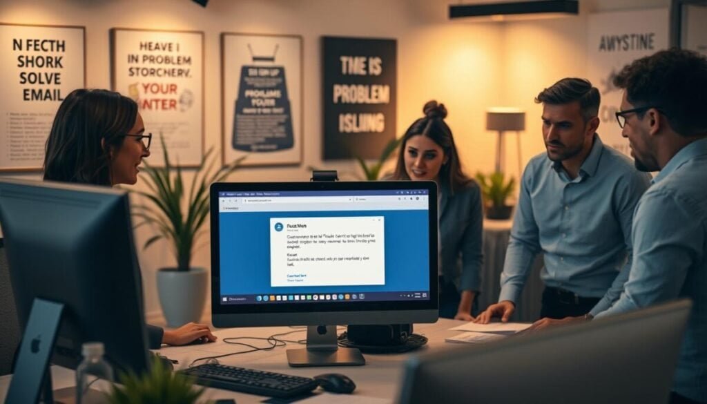 A focused workspace with a computer displaying an email troubleshooting interface, featuring an open email client on the screen showing an error message about sign-up issues related to Facebook. In the foreground, a diverse group of three professionals—one man and two women—are gathered around the desk, clearly engaged in a serious discussion about resolving email problems. The women wear smart business attire, while the man is in a casual yet neat shirt. The atmosphere is tense yet collaborative, with warm ambient lighting and soft shadows casting across the workspace. The background includes a wall with motivational posters about problem-solving, a potted plant for a touch of freshness, and a soft-focus on the office equipment. A slight depth of field emphasizes the interaction, creating an inviting and focused mood.