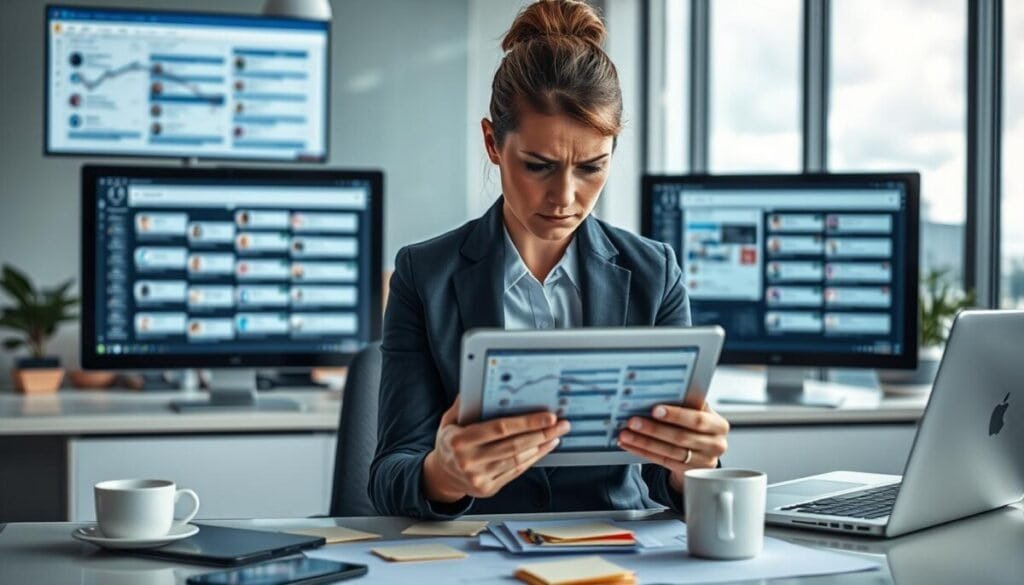 A frustrated business professional in a sleek office environment, surrounded by multiple digital screens displaying chaotic social media calendars and scheduling icons, conveying the essence of "scheduling challenges." In the foreground, a woman in smart business attire, her brow furrowed, is intently focused on a tablet showcasing overlapping timelines and notifications. The middle ground features a cluttered desk with sticky notes, coffee cups, and a laptop, emphasizing a sense of urgency. The background reveals a large window with a cloudy sky, symbolizing uncertainty. Soft, diffused lighting captures the mood of stress and determination, while a shallow depth of field enhances the focus on the subject. The overall atmosphere is tense but proactive, perfectly illustrating the concept of overcoming scheduling obstacles in a professional setting. A frustrated business professional in a sleek office environment, surrounded by multiple digital screens displaying chaotic social media calendars and scheduling icons, conveying the essence of "scheduling challenges." In the foreground, a woman in smart business attire, her brow furrowed, is intently focused on a tablet showcasing overlapping timelines and notifications. The middle ground features a cluttered desk with sticky notes, coffee cups, and a laptop, emphasizing a sense of urgency. The background reveals a large window with a cloudy sky, symbolizing uncertainty. Soft, diffused lighting captures the mood of stress and determination, while a shallow depth of field enhances the focus on the subject. The overall atmosphere is tense but proactive, perfectly illustrating the concept of overcoming scheduling obstacles in a professional setting.