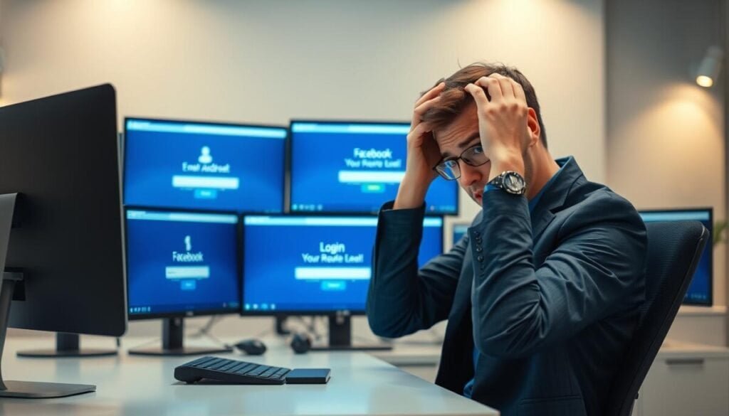 A frustrated individual sitting at a modern desk, surrounded by multiple computer screens displaying the Facebook login page, with an email address field highlighted in red to indicate an error. The foreground features the person, a young adult in professional attire, clutching their head in confusion, embodying a sense of urgency and tension. The middle layer shows the glowing screens with error messages and notification icons, creating a chaotic digital environment. In the background, soft, diffuse lighting adds a corporate feel to the room, emphasizing the sense of a tech-savvy space. An angled view captures both the person and the screens, evoking a mood of exasperation and determination, ideal for illustrating troubleshooting challenges.