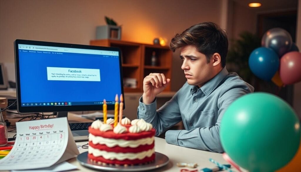 A frustrated young professional seated at a desk, surrounded by scattered birthday-related items: a calendar with marked dates, a birthday cake, and colorful balloons. The individual, dressed in smart casual attire, is staring at a laptop screen displaying the Facebook interface, showing an error message about updating their birthday. The foreground focuses on their distressed expression, while the middle ground highlights the birthday materials and the laptop screen. In the background, a softly lit office environment with warm tones creates an inviting but tense atmosphere, emphasizing the struggle of navigating social media settings. The overall mood reflects frustration mixed with a touch of humor, encapsulating the concept of common birthday errors in a relatable way.