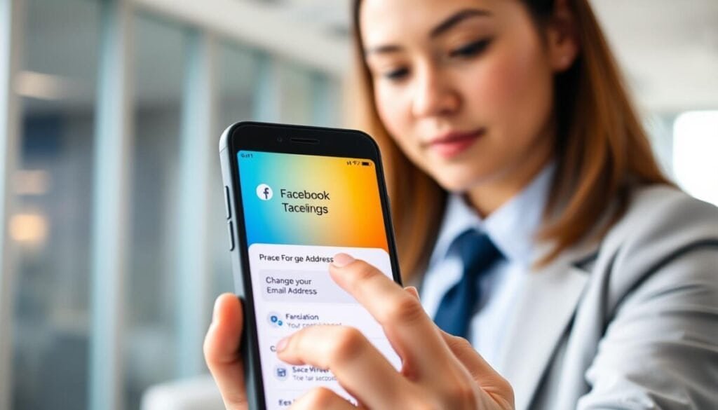 A mobile phone displaying the Facebook app interface with a clearly highlighted section for changing the email address, set against a softly blurred modern office background. In the foreground, a person in professional business attire is gently tapping the screen, their expression focused and attentive. The phone screen shows vibrant colors, indicating the email change option. Soft, natural lighting illuminates the scene, creating a calm and productive atmosphere. The angle is slightly above the phone, capturing both the person's hand and the app interface. The mood conveys a sense of assistance and clarity, emphasizing ease of use in updating account details. No text or overlays are present, maintaining a clean and professional look.