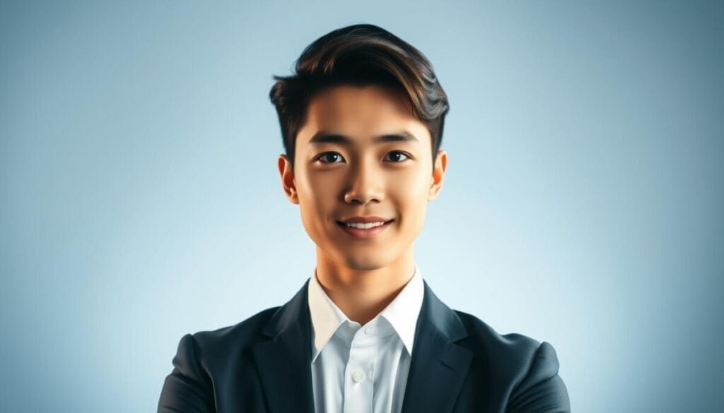 A modern and stylish digital profile picture featuring a person in professional business attire, set against a clean, minimalistic background. In the foreground, the individual, a young adult with a friendly expression, is facing the camera. The lighting is soft but well-defined, creating a warm atmosphere that highlights their features. The lens captures a slight portrait effect, adding depth to the image. The color palette is cool with shades of blue and gray, giving it a contemporary feel. In the middle ground, subtle hints of digital design elements, like geometric shapes or gradients, add a dynamic touch without distraction. The overall mood is professional and approachable, suitable for a social media profile update.