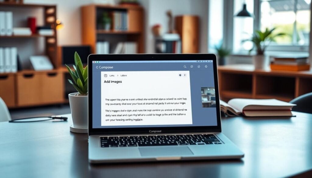 A modern digital composition box open on a sleek desk, showcasing a vibrant workspace. The foreground features a close-up of the compose box interface, displaying text input areas and icons for adding images and links, with an inviting user-friendly design. In the middle, the desk is adorned with a stylish laptop, a potted plant, and an open notebook, creating a warm atmosphere of creativity. The background subtly hints at a well-organized office with soft-focus shelves and books, lit by natural light streaming in from a nearby window. The overall mood conveys inspiration and productivity, inviting the viewer to visualize the experience of crafting and enhancing a post. A modern digital composition box open on a sleek desk, showcasing a vibrant workspace. The foreground features a close-up of the compose box interface, displaying text input areas and icons for adding images and links, with an inviting user-friendly design. In the middle, the desk is adorned with a stylish laptop, a potted plant, and an open notebook, creating a warm atmosphere of creativity. The background subtly hints at a well-organized office with soft-focus shelves and books, lit by natural light streaming in from a nearby window. The overall mood conveys inspiration and productivity, inviting the viewer to visualize the experience of crafting and enhancing a post.