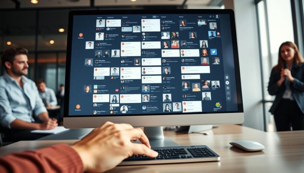 A modern digital workspace featuring a high-resolution computer screen displaying various social media profiles being unfollowed en masse. In the foreground, a user’s hands, elegantly poised over a sleek keyboard, show engagement with the screen. The middle layer reveals the screen filled with unfollow icons, flashing notifications, and intuitive interface elements symbolizing the mass unfollow action. In the background, blurred outlines of other professionals in modest casual clothing, engaged in similar activities, communicate a collaborative atmosphere. Soft, ambient lighting casts a professional glow, highlighting the focus on the screen. The angle captures the essence of productivity and intent, with a slightly overhead view that evokes a sense of being within a modern office environment, where these digital actions take place seamlessly.