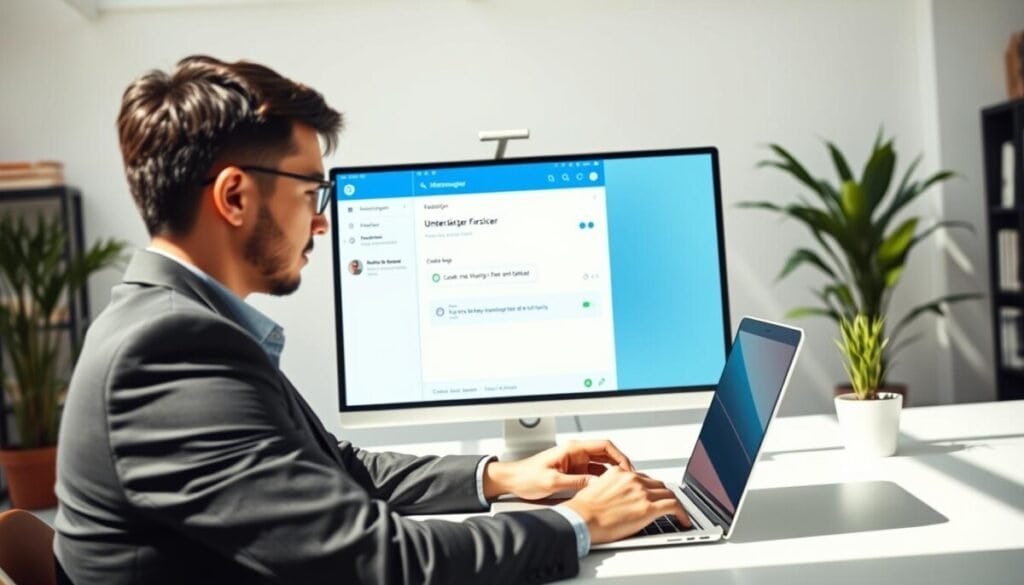 A modern, digital workspace featuring a professional-looking computer screen displaying the Messenger app interface. In the foreground, an individual, dressed in smart casual attire, is using a laptop with a focused expression. The middle layer shows the laptop screen with the Messenger chat window, highlighting the option to "unrestrict" a conversation in an engaging yet non-intrusive way. In the background, there’s a minimalist office environment with plants and bookshelves, conveying an atmosphere of productivity and clarity. The lighting is bright and natural, suggesting a sunny day, casting soft shadows. The overall mood is one of determination and efficiency, emphasizing the quick solution to the Messenger restriction issue without distraction.