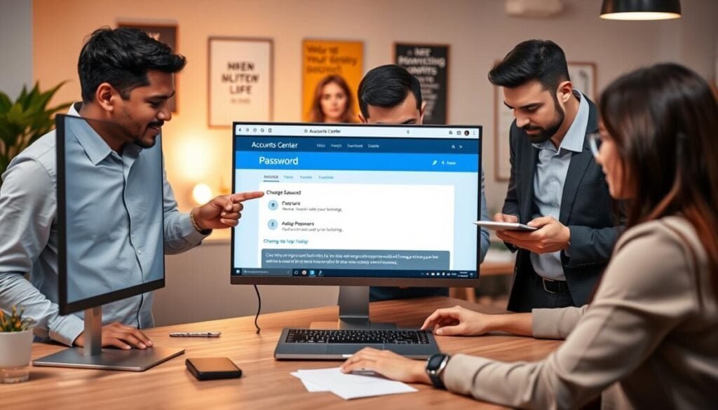 A modern digital workspace showcasing a computer screen with an open user interface for changing a password. In the foreground, a diverse group of three professionals, dressed in smart casual attire, are intently discussing the screen. They are arranged around the desk, with one person pointing at the screen, while another takes notes. The middle ground features a sleek laptop displaying the Accounts Center page of Meta, featuring a prominent 'Change Password' option highlighted. The background includes a stylish office setting with soft, warm lighting, plants, and motivational posters. The atmosphere is focused yet collaborative, evoking a sense of urgency and professionalism in addressing security concerns. The image captures the moment of interactive problem-solving, emphasizing teamwork and digital security.