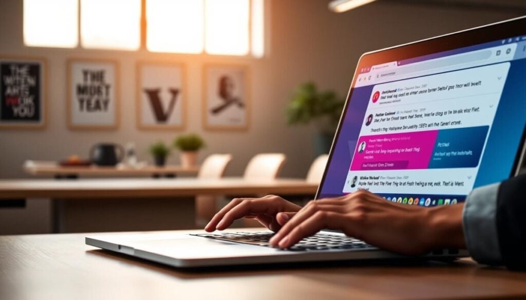 A modern digital workspace showcasing a sleek laptop displaying a vibrant Twitter interface with the latest tweets highlighted prominently in chronological order. In the foreground, a pair of hands, dressed in professional business attire, type on the keyboard. In the middle ground, a colorful array of tweet notifications pops up, featuring diverse user profiles and engaging content. The background is softly blurred, depicting a well-lit office space with minimalistic decor and motivational posters, creating a focused, productive atmosphere. Warm, natural lighting filters through a nearby window, casting gentle shadows. The overall mood is dynamic and engaging, emphasizing the accessibility of real-time information in a professional setting. A modern digital workspace showcasing a sleek laptop displaying a vibrant Twitter interface with the latest tweets highlighted prominently in chronological order. In the foreground, a pair of hands, dressed in professional business attire, type on the keyboard. In the middle ground, a colorful array of tweet notifications pops up, featuring diverse user profiles and engaging content. The background is softly blurred, depicting a well-lit office space with minimalistic decor and motivational posters, creating a focused, productive atmosphere. Warm, natural lighting filters through a nearby window, casting gentle shadows. The overall mood is dynamic and engaging, emphasizing the accessibility of real-time information in a professional setting.