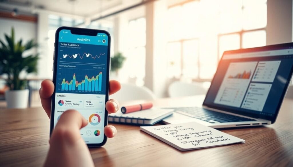 A modern digital workspace showcasing analytics for Twitter audience optimization. In the foreground, a sleek iPhone displays colorful graphs and charts representing tweet engagement metrics, with fingers gently tapping the screen. The middle ground features a notepad with handwritten notes on timing and frequency strategies, along with a stylish laptop open to a scheduling tool. In the background, a bright, airy office environment with large windows allows natural light to illuminate the scene, creating an inviting atmosphere. Soft focus enhances depth, while a warm color palette conveys a sense of productivity and creativity. No people are depicted; the image emphasizes tools and analytics in a professional context.