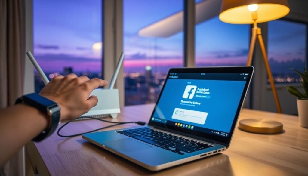 A modern, high-tech workspace featuring a sleek laptop connected to a router with vibrant LED lights, symbolizing a robust internet connection. In the foreground, a hand reaches for the laptop, wearing a black wristwatch, indicating a user engaged in troubleshooting. The middle ground shows the laptop screen displaying the Facebook logo and a buffering icon, hinting at connectivity issues. In the background, a window reveals a distant cityscape at dusk, with soft purples and blues blending into the sky, creating a calm ambiance. A warm desk lamp casts a golden light, enhancing the cozy, focused atmosphere. The image is captured with a shallow depth of field, emphasizing the hand and laptop while softly blurring the background, evoking a sense of urgency yet comfort in resolving tech issues.