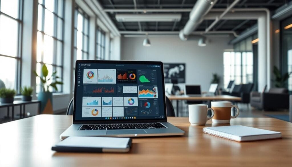 A modern, high-tech workspace showcasing the core features of Grok for data analysis. In the foreground, a sleek laptop displays an interactive dashboard filled with colorful graphs and data visualizations, surrounded by data analytics tools and charts. In the middle, a well-organized desk with a notepad and a cup of coffee, reflecting a productive atmosphere. The background features large windows with natural sunlight illuminating the space, providing a warm and inviting mood. Use a wide-angle lens to capture the whole scene, with soft, diffused lighting to eliminate harsh shadows. The overall ambiance should convey efficiency and innovation, emphasizing the revolutionary impact of Grok on data analysis workflows, while keeping the setting professional and relatable. A modern, high-tech workspace showcasing the core features of Grok for data analysis. In the foreground, a sleek laptop displays an interactive dashboard filled with colorful graphs and data visualizations, surrounded by data analytics tools and charts. In the middle, a well-organized desk with a notepad and a cup of coffee, reflecting a productive atmosphere. The background features large windows with natural sunlight illuminating the space, providing a warm and inviting mood. Use a wide-angle lens to capture the whole scene, with soft, diffused lighting to eliminate harsh shadows. The overall ambiance should convey efficiency and innovation, emphasizing the revolutionary impact of Grok on data analysis workflows, while keeping the setting professional and relatable.