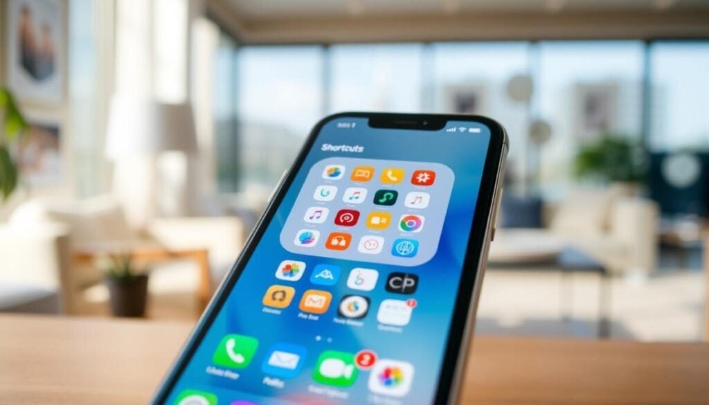 A modern iPhone home screen displayed prominently in the foreground, showcasing a clean and organized layout featuring vibrant app icons with rounded edges. The middle layer includes an open Shortcuts app interface, visually distinct with user-friendly icons and colorful options for customization. The background features a softly blurred interior setting, possibly a cozy workspace or living room, with natural light streaming in from a nearby window, creating a warm and inviting atmosphere. The composition exudes a sense of creativity and customization, ideal for illustrating the process of changing app icons. The lens effect is slightly shallow depth of field, drawing attention to the iPhone while maintaining artistic clarity throughout the scene.