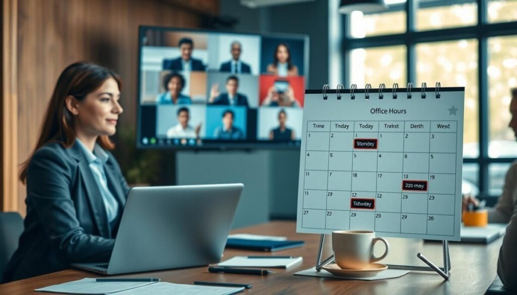 A modern office environment featuring diverse professionals engaged in a virtual meeting using Microsoft Teams. In the foreground, a woman in smart business attire is seen discussing with her colleagues on a large screen, with her laptop open in front of her. In the middle ground, a well-organized desk displays a calendar marked with scheduled office hours, along with notes and a coffee cup, creating a productive atmosphere. The background features a large window letting in natural light, enhancing the warm and focused mood. The scene is captured from a slightly elevated angle, showing both the individuals and the organized workspace, portraying a sense of collaboration and efficiency while effectively conveying the concept of scheduling office hours in Teams.
