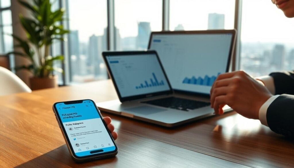 A modern office environment showcasing a smartphone on a sleek wooden desk, displaying the Hopper HQ app interface for bulk uploading and scheduling tweets. In the foreground, a pair of hands dressed in crisp business attire is interacting with the device, emphasizing user engagement. The middle ground includes a stylish laptop with analytics charts open, depicting cross-platform data. In the background, a large window offers a view of a city skyline with soft, natural light pouring in, creating a productive atmosphere. The overall mood is professional and focused, with warm tones enhancing the feeling of innovation and efficiency. Soft shadows enhance depth, while a shallow depth of field keeps the focus on the smartphone and laptop.