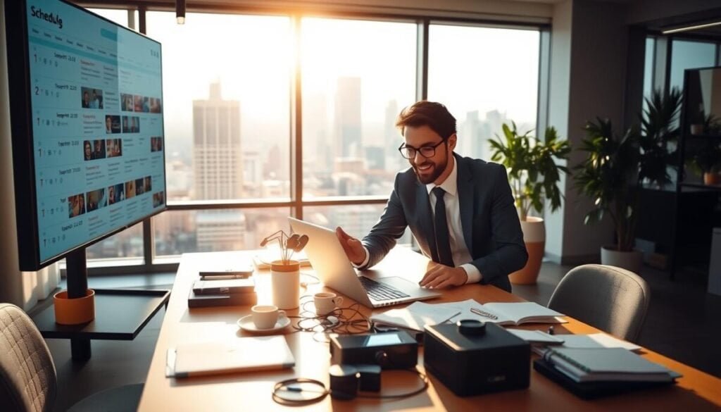 A modern office environment with a large digital screen displaying a complex social media scheduling interface. In the foreground, a professional individual, dressed in smart casual attire, is animatedly interacting with a sleek laptop, surrounded by notes and a coffee cup. In the middle, there's a cluttered desk featuring various tech gadgets and a potted plant. Bright natural light floods the space, reflecting a sense of productivity and creativity. In the background, a window reveals a busy cityscape, symbolizing the active online world. The warm and inviting atmosphere promotes focus and inspiration for effective bulk scheduling, embodying the essence of staying ahead in digital marketing strategies. A modern office environment with a large digital screen displaying a complex social media scheduling interface. In the foreground, a professional individual, dressed in smart casual attire, is animatedly interacting with a sleek laptop, surrounded by notes and a coffee cup. In the middle, there's a cluttered desk featuring various tech gadgets and a potted plant. Bright natural light floods the space, reflecting a sense of productivity and creativity. In the background, a window reveals a busy cityscape, symbolizing the active online world. The warm and inviting atmosphere promotes focus and inspiration for effective bulk scheduling, embodying the essence of staying ahead in digital marketing strategies.