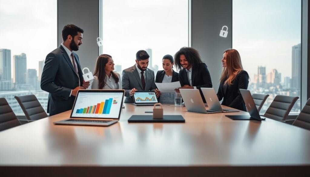 A modern office environment with a sleek conference table in the foreground, showcasing an array of digital devices, like laptops and tablets, displaying colorful graphs and data visualizations. In the middle, a diverse group of four professionals engaged in discussion, dressed in smart business attire, reviewing a digital report. The background features large windows with a city skyline, bathed in soft, natural light, giving a sense of openness and innovation. Add subtle elements of digital security, such as floating padlocks or data encryption symbols around the devices. The atmosphere should feel collaborative and analytical, highlighting the importance of data usage and compliance in a corporate setting. The scene is sharp and well-composed, capturing the essence of professionalism and teamwork.