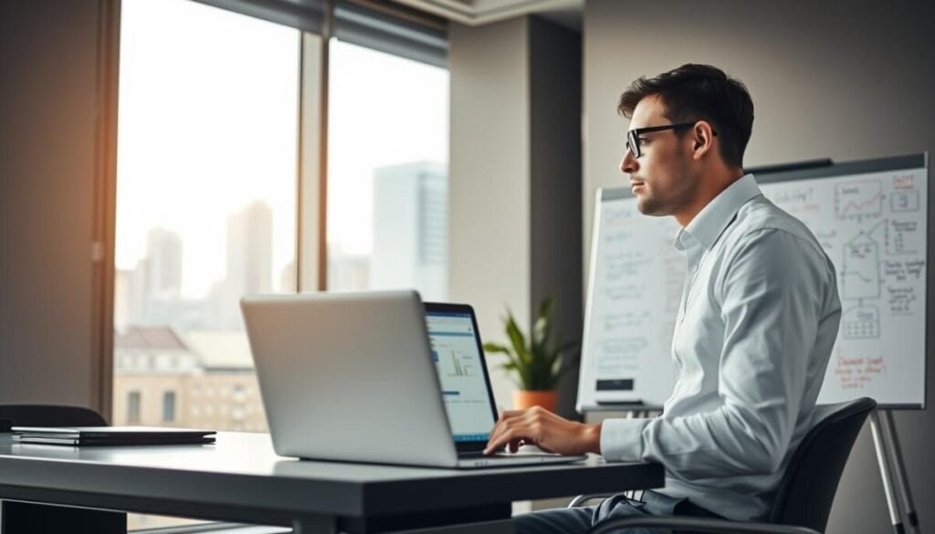 A modern office environment with a sleek desk featuring a laptop displaying data analytics software. In the foreground, a professional businessperson dressed in smart casual attire is engaged in thought, glancing at the screen with a focused expression. In the midground, a large window allows soft, natural light to filter in, creating a warm atmosphere. A whiteboard filled with diagrams and notes on data flow and accessibility is situated beside the desk, enhancing the sense of an active workspace. In the background, city skyline views are visible, hinting at a tech-driven world. The overall mood is productive and inspiring, emphasizing the theme of access to data analysis tools. A modern office environment with a sleek desk featuring a laptop displaying data analytics software. In the foreground, a professional businessperson dressed in smart casual attire is engaged in thought, glancing at the screen with a focused expression. In the midground, a large window allows soft, natural light to filter in, creating a warm atmosphere. A whiteboard filled with diagrams and notes on data flow and accessibility is situated beside the desk, enhancing the sense of an active workspace. In the background, city skyline views are visible, hinting at a tech-driven world. The overall mood is productive and inspiring, emphasizing the theme of access to data analysis tools.