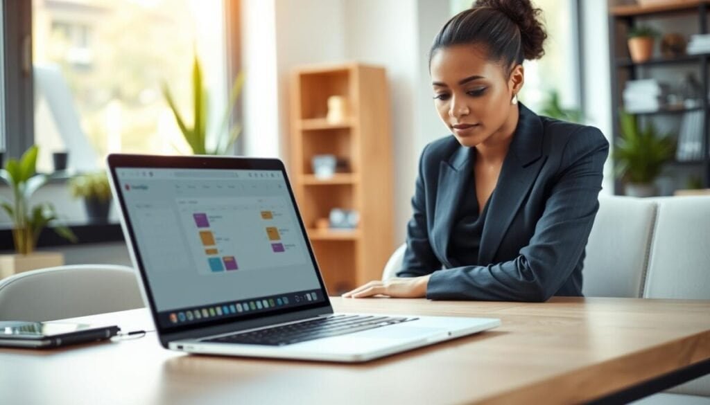 A modern office setting with a sleek desk and a laptop open, displaying a chat interface for scheduling messages. In the foreground, a professional-looking individual in business attire, a diverse young woman, focuses on her screen, with a thoughtful expression. In the middle ground, a digital calendar appears, showcasing time slots highlighted for scheduling. In the background, soft-focus office elements, like potted plants and a bookshelf, create a warm and productive atmosphere. Natural light streams in from a nearby window, casting soft shadows. The mood is efficient and organized, reflecting a sense of calm productivity. The composition should be shot from a slightly elevated angle, emphasizing the laptop screen and the user’s engagement with their task.