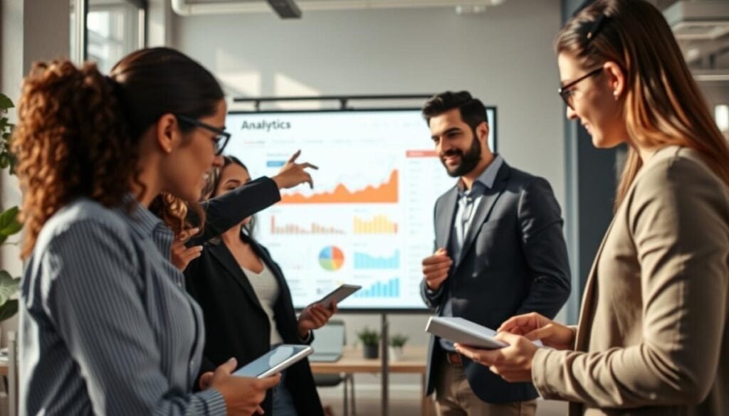 A modern office space filled with technology and creativity, focusing on a diverse group of three professionals engaged in a dynamic discussion around a digital analytics dashboard projected on a large screen in the background. In the foreground, one person, a woman in professional attire, is pointing at key metrics, while the others, a man and a woman in smart casual clothing, take notes and exchange ideas. Soft, natural light filters through large windows, creating an inviting atmosphere. The background shows charts and graphs on digital devices, symbolizing analytics and optimization. The scene conveys collaboration, innovation, and strategy, reflecting the theme of measuring and improving through engagement and teamwork in a marketing context.
