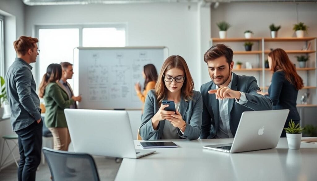 A modern office workspace filled with a diverse group of young professionals, engaged in a discussion about social media issues. In the foreground, a focused woman in smart casual attire is seated at a sleek desk with a laptop open, looking concerned while examining her phone for Facebook settings. Beside her, a man in business attire offers assistance, pointing empathetically at the screen. In the middle ground, a whiteboard displays flowcharts and troubleshooting steps related to social media problems. The background includes shelves with tech gadgets and plants, with soft, natural lighting filtering through large windows, creating a calming and collaborative atmosphere. The image should convey a sense of teamwork and problem-solving. A modern office workspace filled with a diverse group of young professionals, engaged in a discussion about social media issues. In the foreground, a focused woman in smart casual attire is seated at a sleek desk with a laptop open, looking concerned while examining her phone for Facebook settings. Beside her, a man in business attire offers assistance, pointing empathetically at the screen. In the middle ground, a whiteboard displays flowcharts and troubleshooting steps related to social media problems. The background includes shelves with tech gadgets and plants, with soft, natural lighting filtering through large windows, creating a calming and collaborative atmosphere. The image should convey a sense of teamwork and problem-solving.